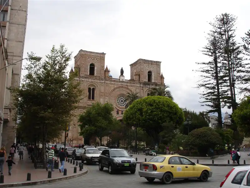 Parque Abdón Calderón con árboles de araucaria y vistas a la Catedral Nueva